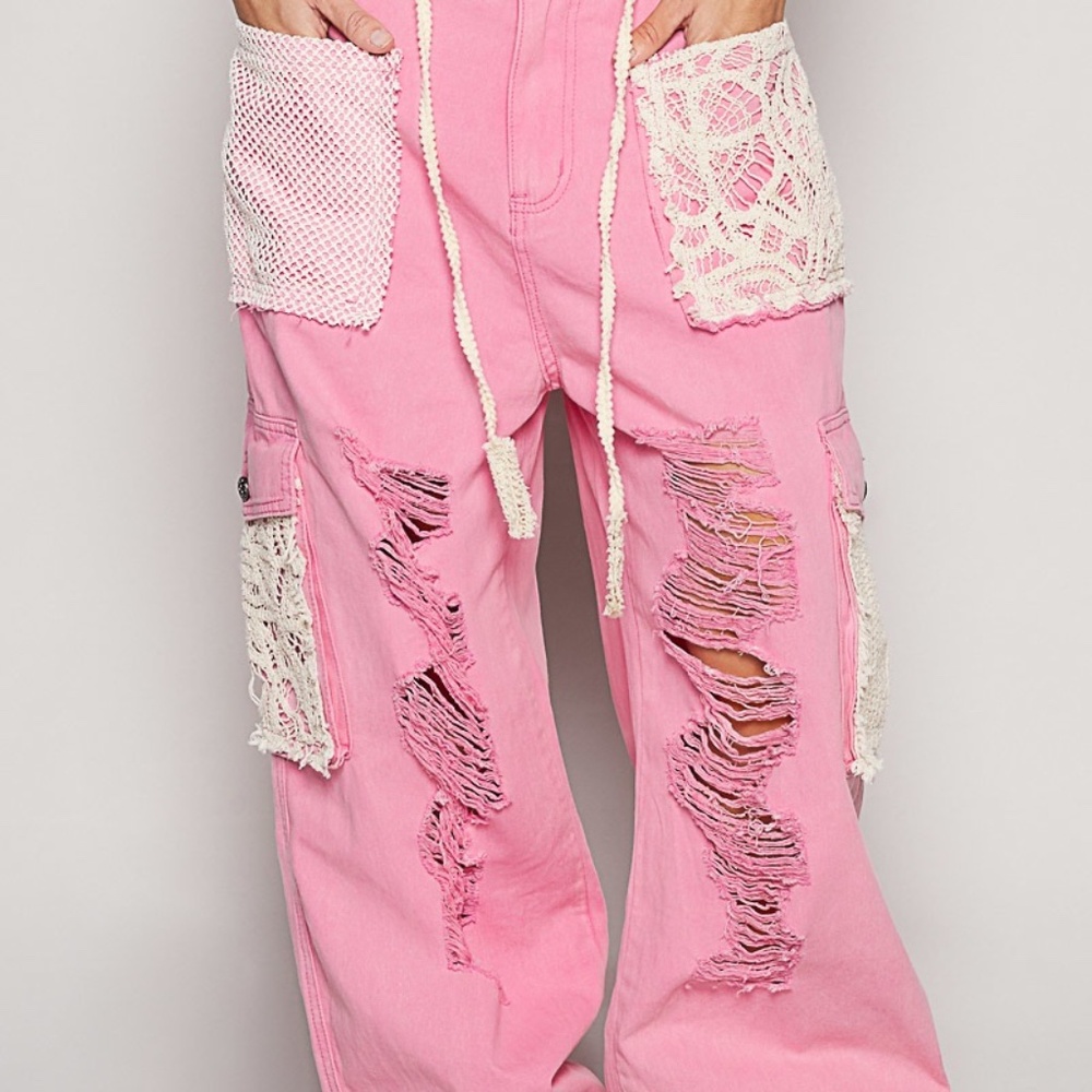 POL Pink Distressed Wide-Leg Track Pants with Crochet Pockets - Picture 9 of 12